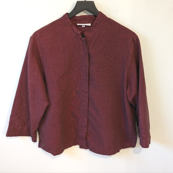 bryn WALKER Red Mandarin Collar Button Up Lagenlook Boxy Blouse Shirt Top - Picture 1 of 7